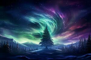Frosty evergreen pine tree weighed down with snow set against a background of Northern Lights glowing green and purple, starry winter night sky, mystical Christmas atmosphere. AI Generated. photo