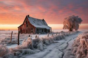 An old wooden barn with no windows standing in the middle of a snowy field. The descending sun illuminates the heavily icy plants around it. Peaceful and nostalgic atmosphere. AI Generated. photo
