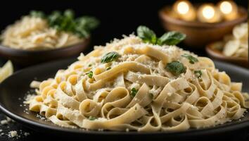 hecho en casa italiano Fettuccine pasta con crema salsa y parmesano queso, Fettuccine Alfredo con parmesano queso, tradicional italiano cocina, oscuro de madera mesa fondo, ai generativo foto