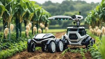 Agriculture area with two robotic harvesters are revolutionizing the farming landscape with their cutting-edge technology and automation, Future Innovation, Smart farm. photo