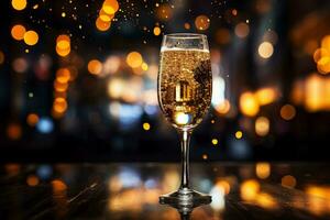 A crystal champagne glass half full with bubbly golden champagne, condensation dripping down the side, backlit by neon signs, bokeh in background, AI Generated. photo