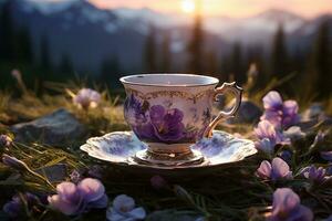 un solitario antigüedades taza para té pintado con minúsculo púrpura alpino flores se sienta en el medio de un prado con vista a nevadas picos, amanecer luz, ai generado. foto