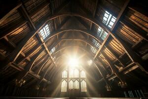 Wooden beamed ceiling of the monastery with sunlight streaming in through skylights. Wide angle view from floor looking up, AI Generated. photo