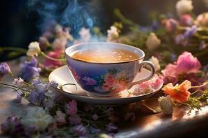 A cup of the streaming tea on a saucer surrounded by flowers in bloom. Atmosphere of warmth and tranquility. AI Generated. photo