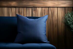 A deep blue cushion on a navy blue sofa against a textured wood accent wall. A bright and cozy corner of the interior, AI Generated. photo