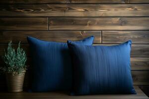 Cozy deep blue throw pillows with green plant in small pot isolated against textured wood accent wall, AI Generated. photo