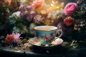 A cup of the streaming tea on a saucer surrounded by flowers in bloom. Atmosphere of warmth and tranquility. AI Generated. photo