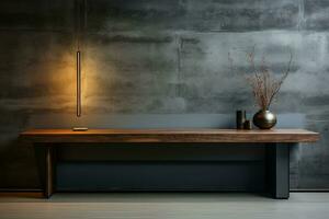 A wooden console table illuminated by soft artificial light stands next to a concrete wall. Texture of concrete and wood, unusual interior, AI Generated. photo