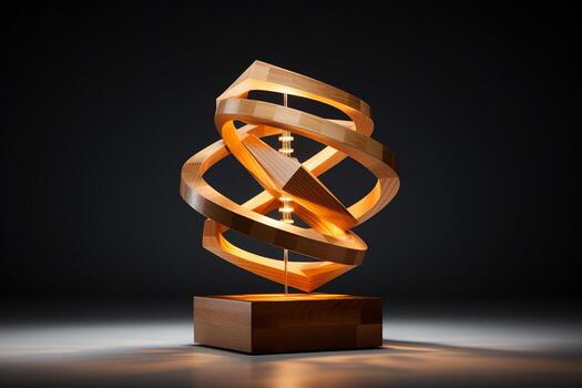 Geometric wood sculpture with a light inside of it on standalone plinth. Elegant and simple design of accent table lamp, AI Generated. photo