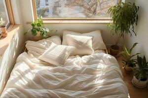 un blanco cama en un pequeño habitación con grande ventanas rodeado por verde en conserva plantas, inundado con brillante luz de sol. hace usted pensar de un verano Mañana. ai generado. foto