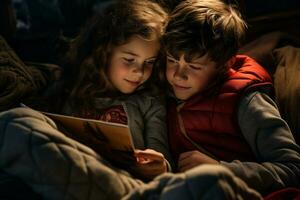 Brother and sister, cuddled together, reading bedtime stories to each other. The warm light of the lamp, cozy friendly atmosphere, AI Generated. photo