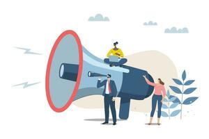 Searching for business target groups, public relations to communicate company information, marketing and advertising concepts, Businessman looks into binoculars with a big megaphone to communicate. vector