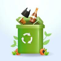 Recycling bins, providing education on recycling plastic, paper and glass waste. Waste sorting management for a sustainable environment. 3D realistic vector