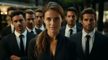 A group of male and female business people in suits posing for a group portrait for their firm, lawyers or highly professional people, Generative AI photo