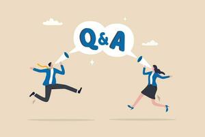 QA, question and answer session, FAQ or frequently asked questions, information to solve problem concept, businessman and woman shouting on megaphone as Q and A on speech bubble. vector