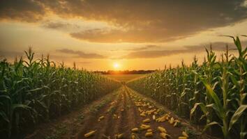 panorama ver de campo paisaje con maíz campo, hermosa maíz campo en puesta de sol. ai generativo foto