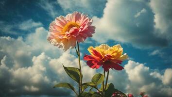 Beautiful colorful flowers with blue sky and clouds background, Idyllic Meadow. ai generative photo