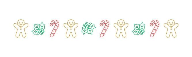 Christmas themed decorative border and text divider, Gingerbread Cookies and Candy Cane Pattern Outline Doodle. Vector Illustration.