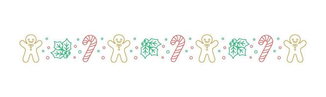 Christmas themed decorative border and text divider, Gingerbread Cookies and Candy Cane Pattern Outline Doodle. Vector Illustration.