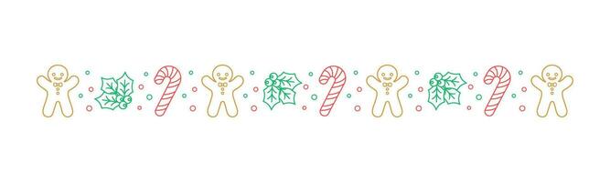 Christmas themed decorative border and text divider, Gingerbread Cookies and Candy Cane Pattern Outline Doodle. Vector Illustration.