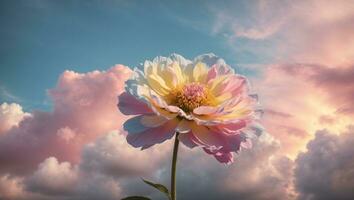 Beautiful colorful flowers with pastel sky and clouds background, Idyllic Meadow. ai generative photo