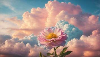 Beautiful colorful flowers with pastel sky and clouds background, Idyllic Meadow. ai generative photo