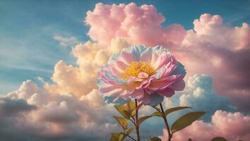 Beautiful colorful flowers with pastel sky and clouds background, Idyllic Meadow. ai generative photo