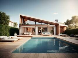 modern house with swimming pool, AI generated photo