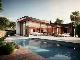 moderno casa con nadando piscina, ai generado foto