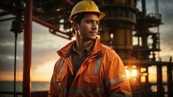 retrato de un hombre petróleo plataforma trabajador con un casco en frente de el costa afuera plataforma con puesta de sol antecedentes. ai generativo foto