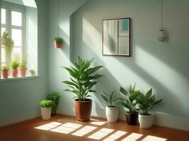 Soft gentle light filters through the foliage of the green plants casting a warm and soothing glow that creates a peaceful and inviting atmosphere in room, AI generated. photo