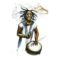 Watercolor african american man playing his ethnic drum. photo