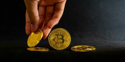 Hand  hold golden bitcoin, Bitcoin  with Black background. Online shopping and Crypto currency concept. photo