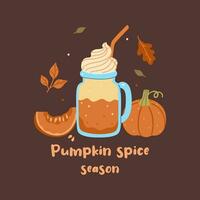 Autumn card or poster with pumpkin drink and pumpkin. Vector graphics.