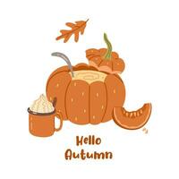 Autumn card or poster with pumpkin drink and soup. Vector graphics.