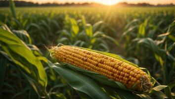 Panorama view of countryside landscape with corn field, Beautiful Maize field in sunset. ai generative photo