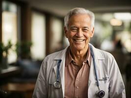 retrato de un contento mayor médico con hospital fondo, disfrutar doctor, salud cuidado concepto, ai generativo foto