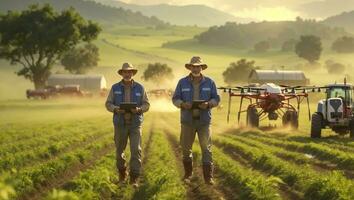 en el granja campo, dos antiguo agricultores colaborar a la perfección, cada participación un tableta mientras un zumbido flota gastos generales, y un tractor es estacionado cercano, reflejando el sinergia de moderno agricultura. foto