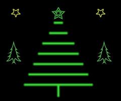 Neon Christmas tree with star, glowing icon. Neon New Year tree silhouette, outline Christmas tree in vivid colors. Festive fir with neon light. Icon set, sign, symbol for UI. Vector illustration