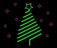 Neon Christmas tree with star, glowing icon. Neon New Year tree silhouette, outline Christmas tree in vivid colors. Festive fir with neon light. Icon set, sign, symbol for UI. Vector illustration