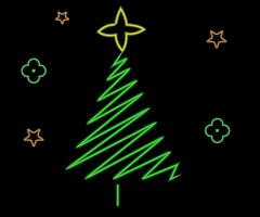 Neon Christmas tree with star, glowing icon. Neon New Year tree silhouette, outline Christmas tree in vivid colors. Festive fir with neon light. Icon set, sign, symbol for UI. Vector illustration