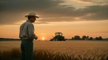 un granjero hombre en pie en un trigo césped campo. generativo ai foto