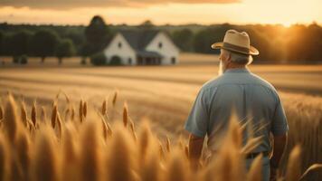 un granjero hombre en pie en un trigo césped campo. generativo ai foto