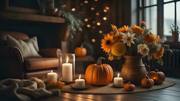 Cozy fall corner border with pumpkins, leaves and blanket. view on a white wood banner background. Ai Generate photo