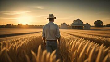 A farmer man standing on a wheat grass field. Generative AI photo