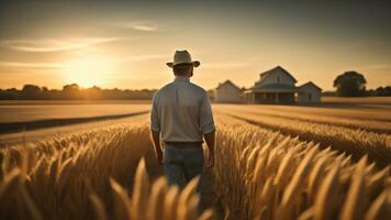 un granjero hombre en pie en un trigo césped campo. generativo ai foto