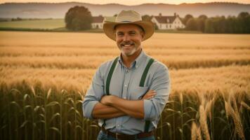 un granjero hombre en pie en un trigo césped campo. generativo ai foto