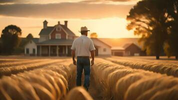 A farmer man standing on a wheat grass field. Generative AI photo