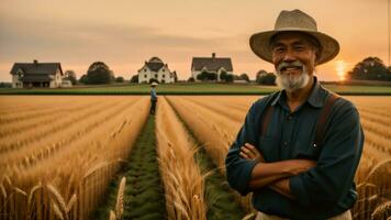 A farmer man standing on a wheat grass field. Generative AI photo