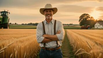 A farmer man standing on a wheat grass field. Generative AI photo